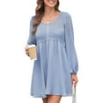 thumbnail image 2 of Women'S Casual Dresses Smocked Crewneck Button Up Long Sleeve Waist A-Line Mini Dress Sky Blue XXL, 2 of 9