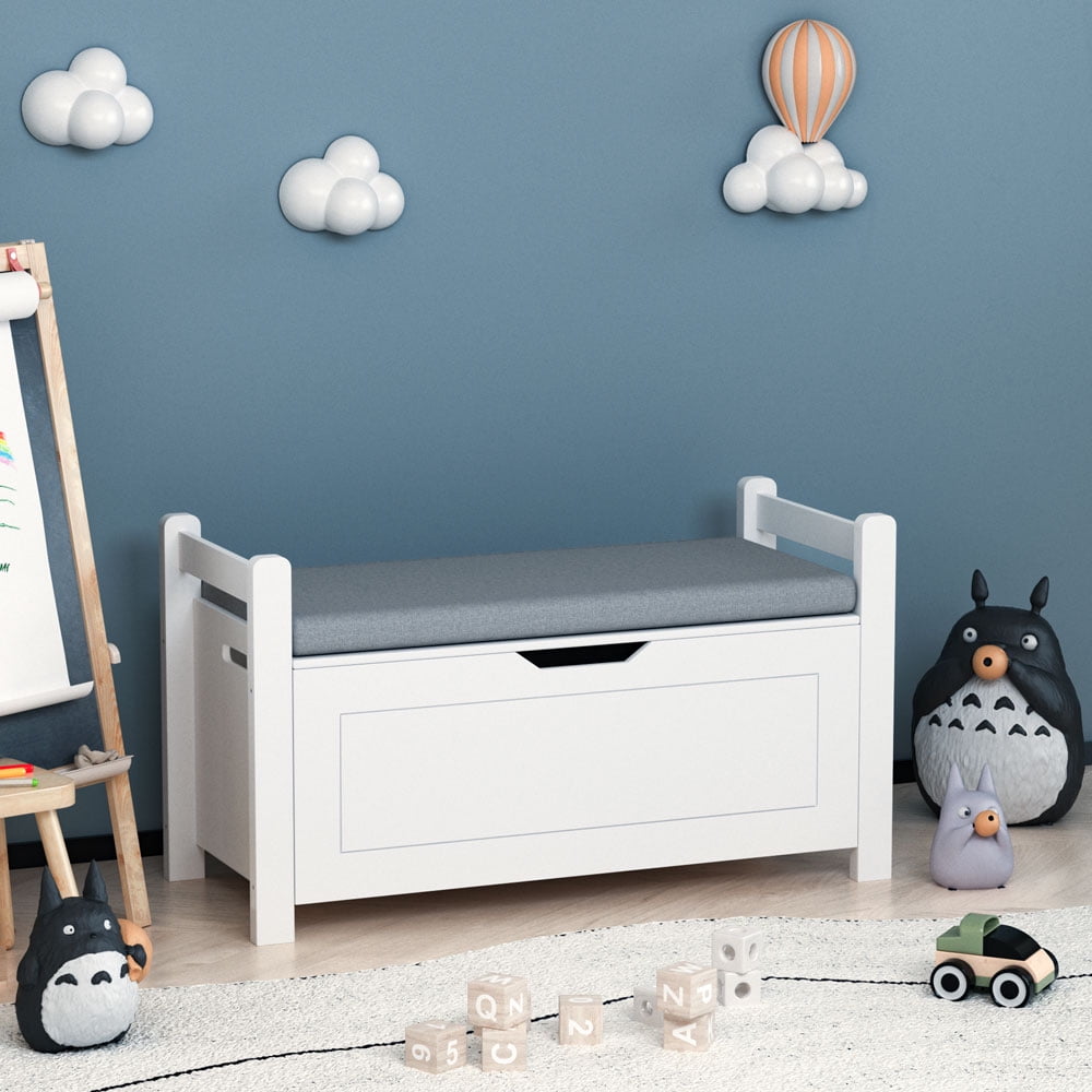 Jujwooo Kids Toy Box Chest, White Rubber Wood Toy Box for Boys Girls, Large Storage Cabinet with Cushion Seat Bench/Flip-Top Lid/Safety Hinge, Toy Storage Organizer Trunk for Nursery, Playroom