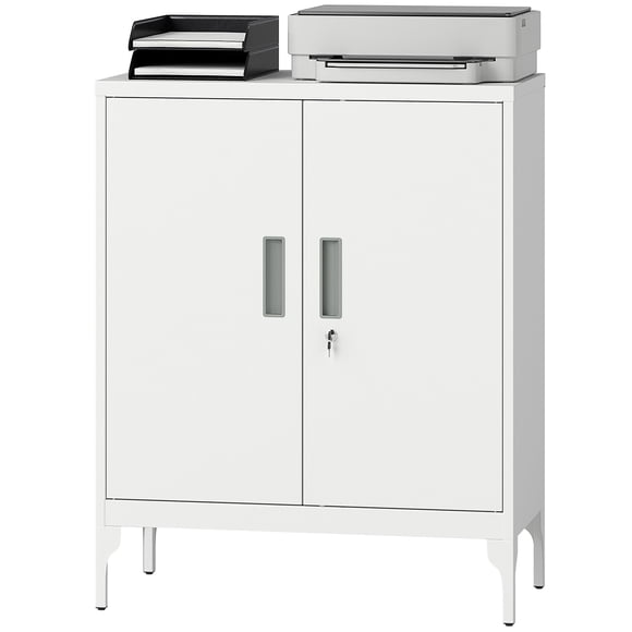 White Metal Storage Cabinet with Lock & Adjustable Shelves - 31.5" Home Office Filing Cabinet for Garage, Kitchen, Living Room – Sturdy Steel Cabinet