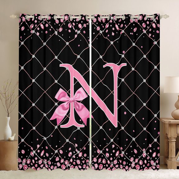 Manfei Initial N Letter Blackout Curtains Set of 2 (52x84 Each) for Girls, Cartoon Stripes Bow-tie Window Curtains, Princess Bow Curtains and Drapes, Black Out Curtains Home Decor