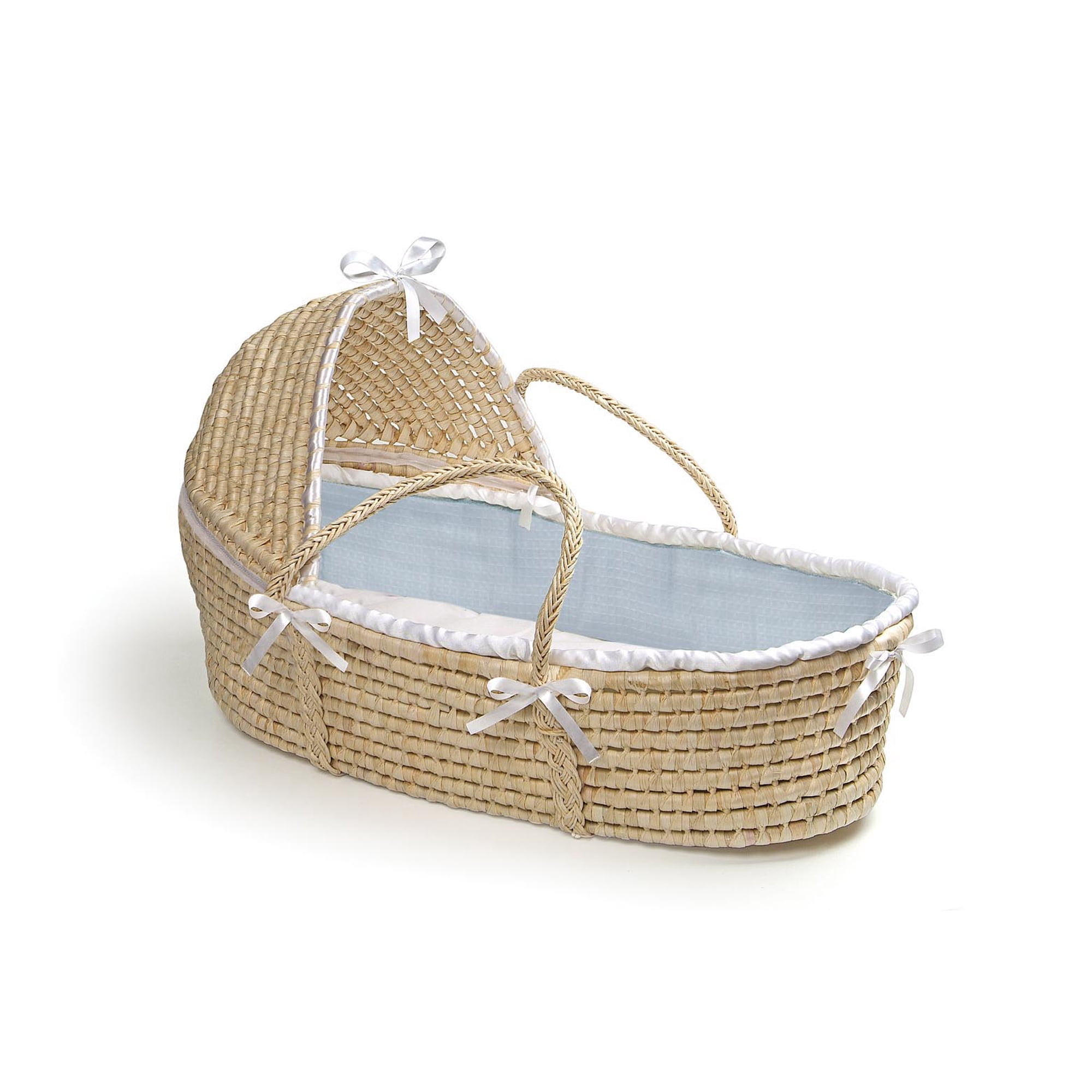 Badger Basket Natural Hooded Moses Basket - Blue Waffle Bedding