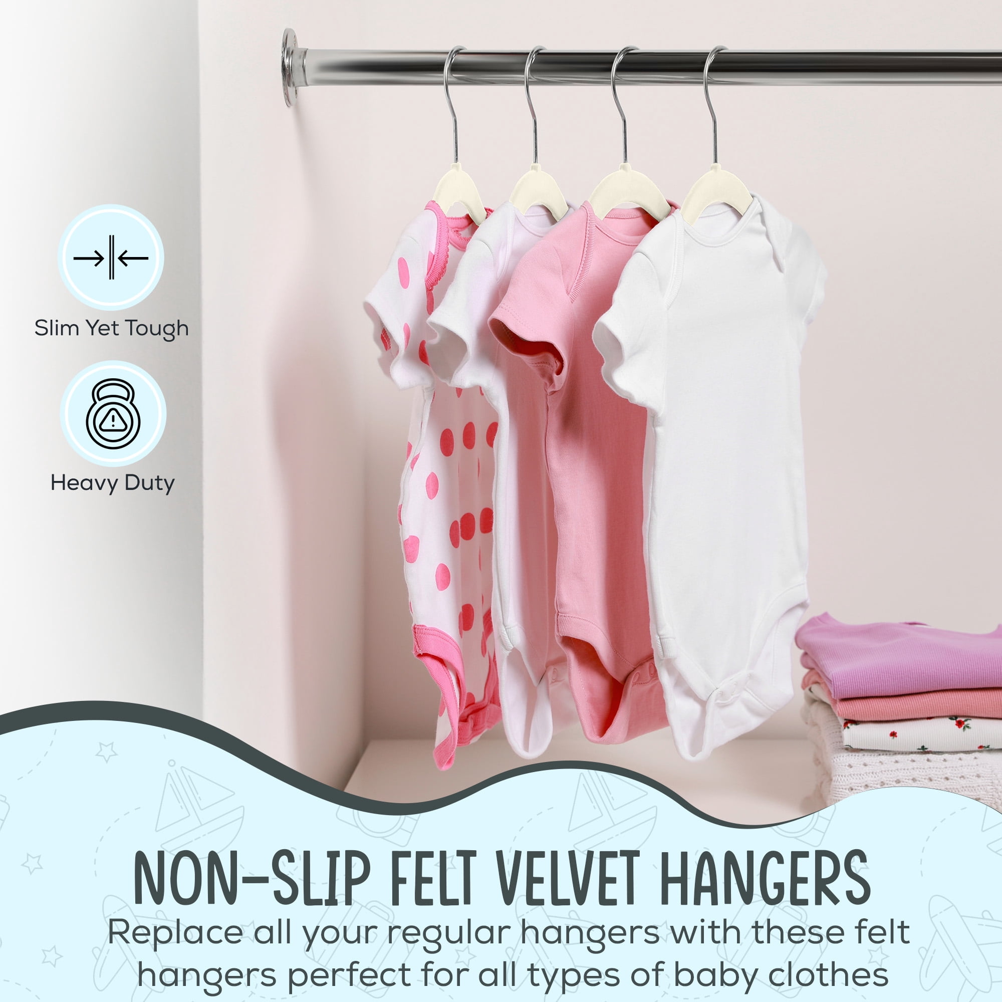 Techzoo Premium Baby Velvet Hangers 55 Pack – 11.8" Non Slip Felt Cloth Hangers for Closet – Ultra Slim, Space Saving Baby Clothes Hangers with 360° Swivel Hook Infant Hangers – Ivory