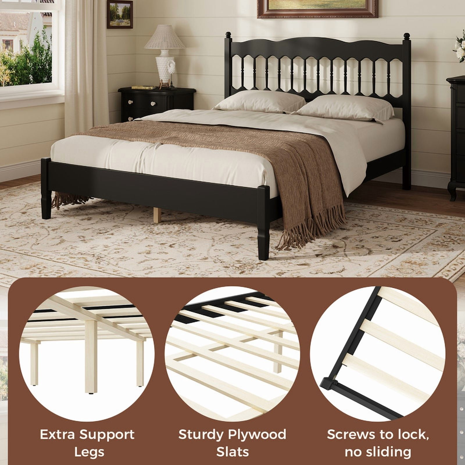 Queen Size Retro Countryside Style Wooden Bed Frame with Spindle Headboard, Low Profile Platform Bed with No Box Spring Required
