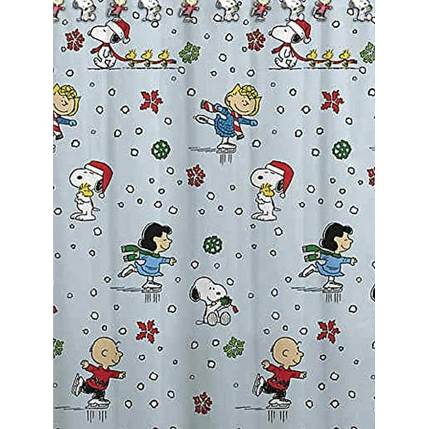 Peanuts Snoopy Holiday Skating Christmas Shower Curtain & Hooks Set