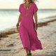 thumbnail image 1 of TaTaai Short Sleeve V-Neck Maxi Dress Women's Solid Color Casual Dress with Lock Detail Stretchy Polyester Blend Summer Wear Gift, 1 of 6