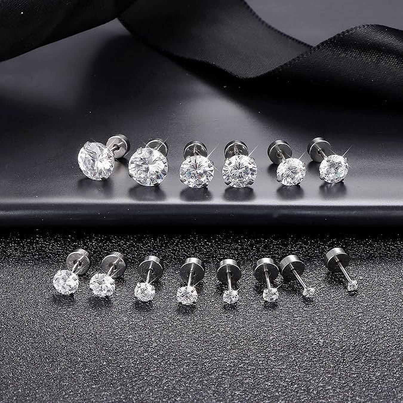 Nmkwnr 14 Pairs 316L Stainless Steel Stud Earrings Flat Back Earrings Round Cubic Zirconia Earrings Studs for Women, Silver