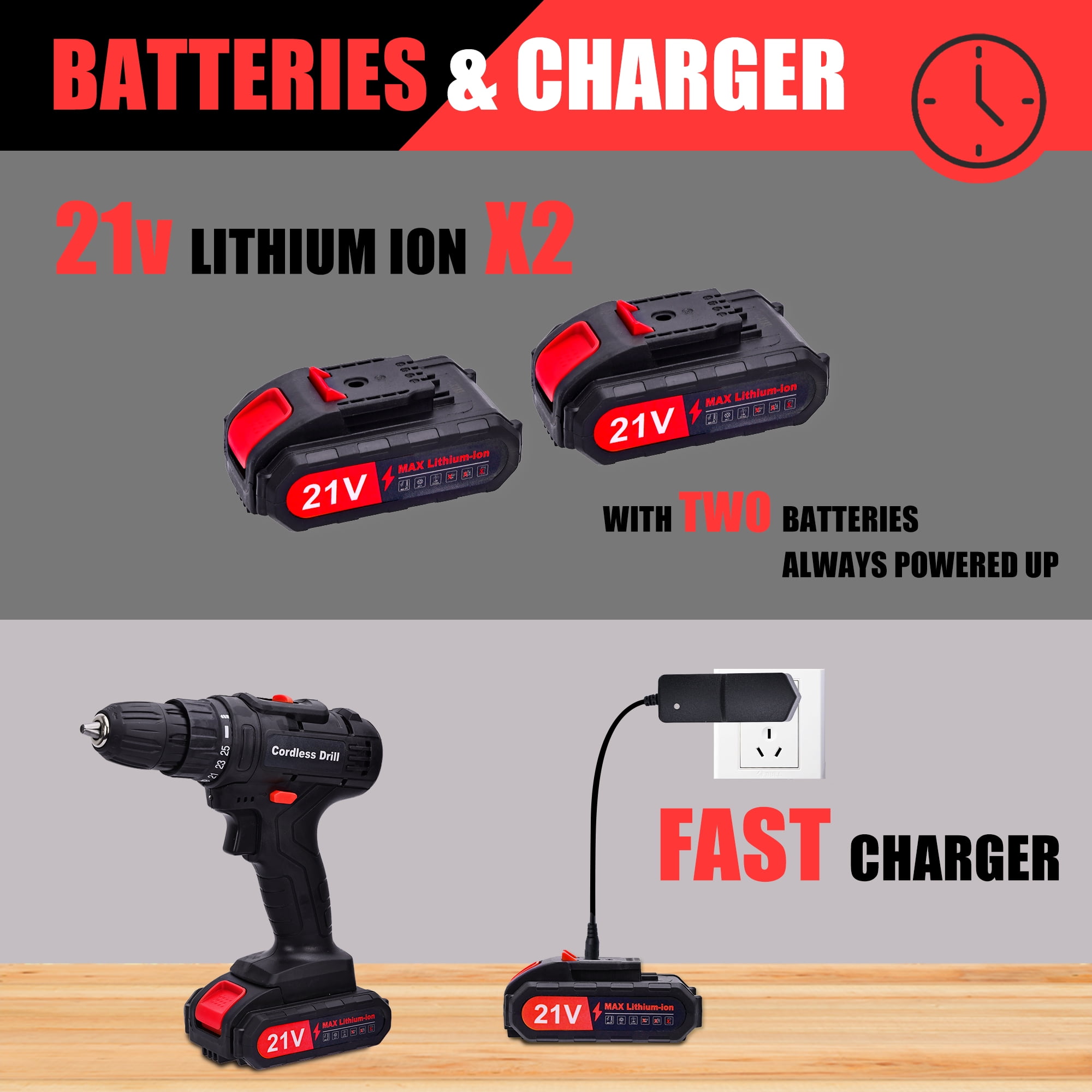 HDJ 21V Max Cordless Drill with 2 Batteries, 3/8" Electric Drill Drivers Set Variable Speed ,Black