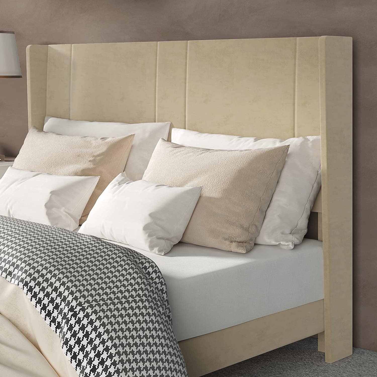 Dextrus Upholstered Bed Frame with Beige Velvet Headboard and Wingback, No Box Spring Needed, Beige