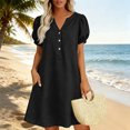 thumbnail image 4 of Plus Size Summer Dresses for Women Women Fashion Casual V-Neck Linen Pockets Dress Solid Short Sleeve Dress Black L, 4 of 5