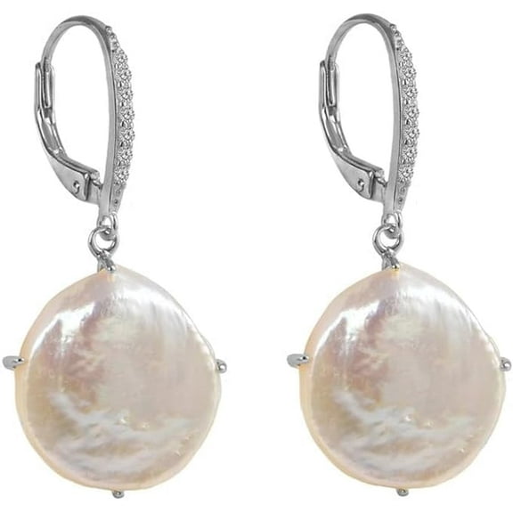 Pearl Dangle Earrings, Sterling Silver Natural Freshwater 13-14mm Keshi Coin Pearl Drop Earrings for Women Simple Elegant Jewelry Gift