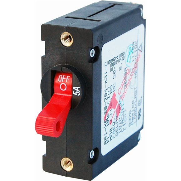 Blue Sea Circuit Breaker 7201-BSS A Series; 5 Ampere; 240 Volt AC/32 Volt DC; For Blue Sea System Electrical Panels; Red; Single Pole Magnetic Hydraulic Type; Toggle Actuator; 10-32 Screw Terminal