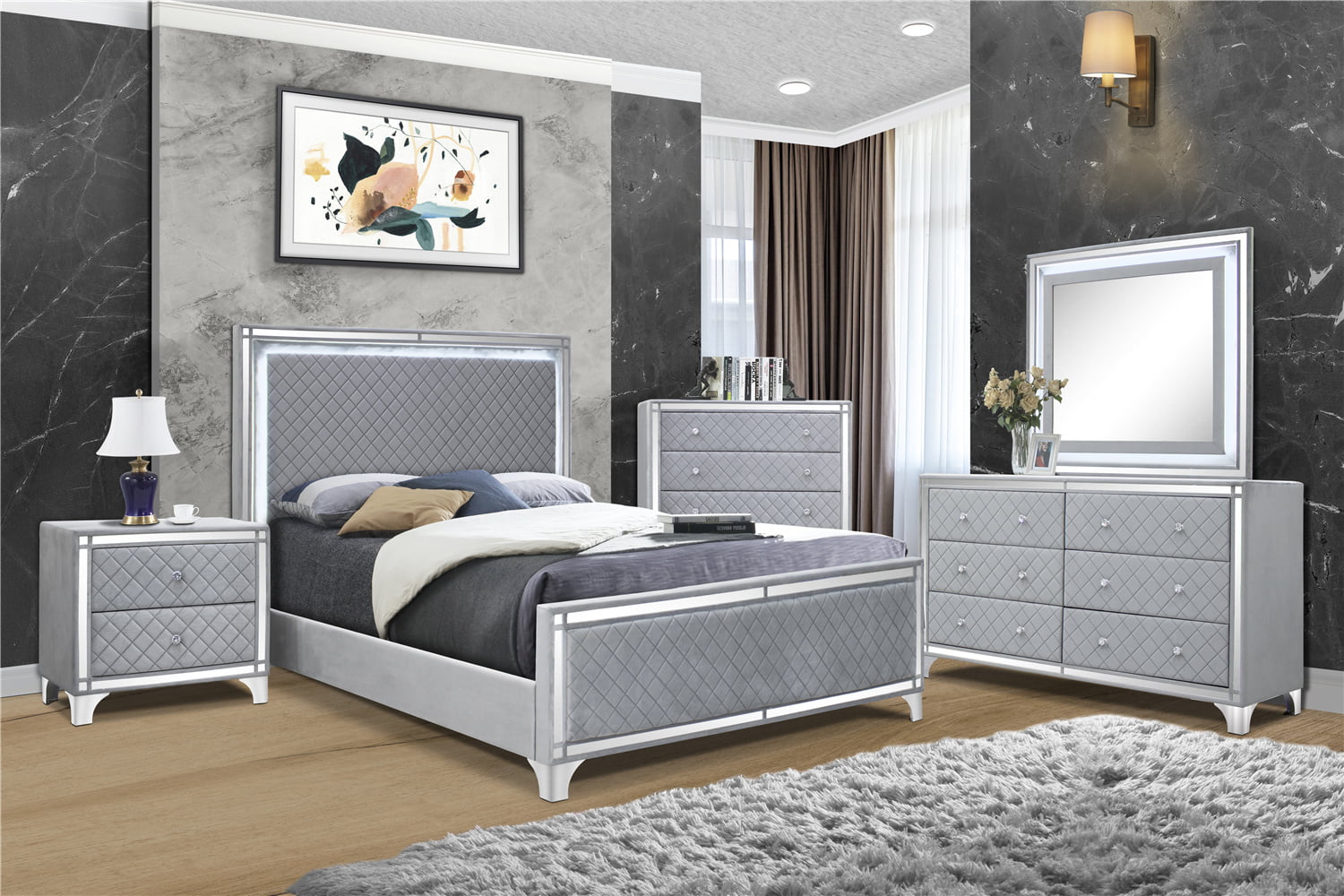 5 Piece Queen Size Bedroom Set, Modern Bedroom Furniture Sets with Queen  Bed Frame, Nightstand, Chest, Dresser and Mirror