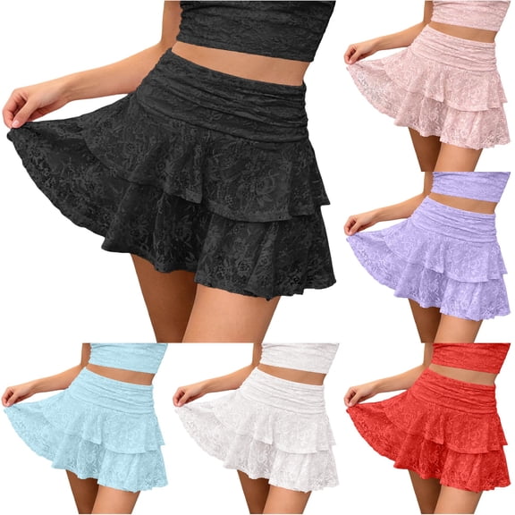 Wxolcjlv Womens Lace Ruffled Mini Skirt High Waist Tiered Layered Skirts