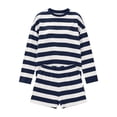 thumbnail image 6 of sdhkgrrt Women's 2 Piece Matching Lounge Set Soft Long Sleeve Round Neck Pullover Tops Drawstring Waist Shorts Striped Loose Casual Outfits Fall Tracksuit Clothing , Navy M, 6 of 6