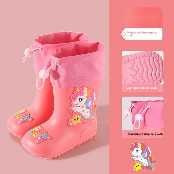Botas de lluvia para niños, zapatos de agua antideslizantes cálidos con dibujos animados, botines de bebé de media pantorrilla extraíbles con forro polar para niños y niñas, zapatos de goma para niño