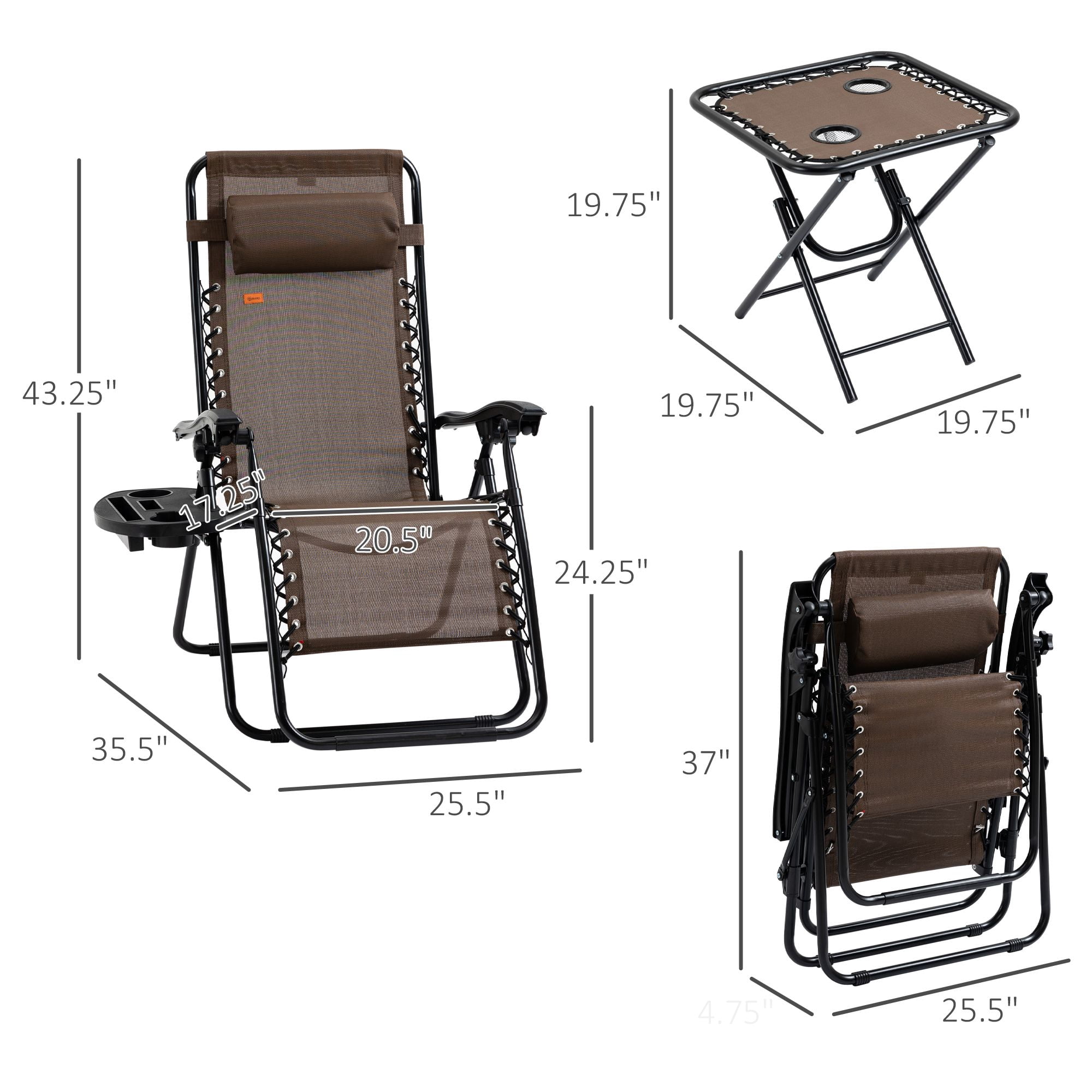 Zero Gravity Chair Set, 3 Piece Recliner with Side Table Cup Holder Headrest Brown Poolside Camping