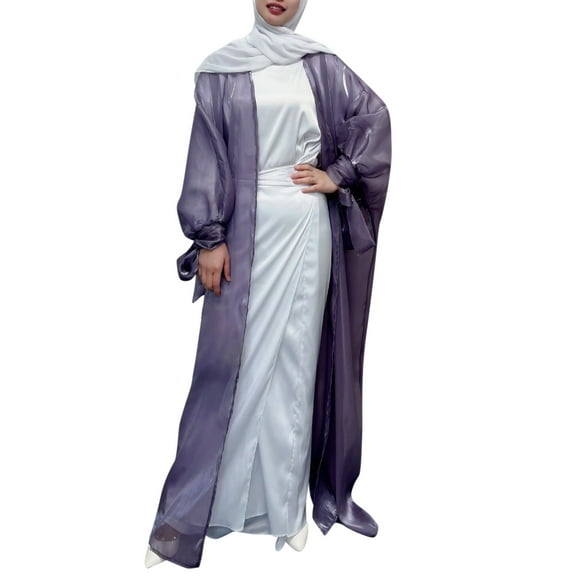 PMVFHDE Women's Solid Color Dubai Abaya Dress with Puffed Sleeves Long Sleeve Loose Open Front Gown Purple,M