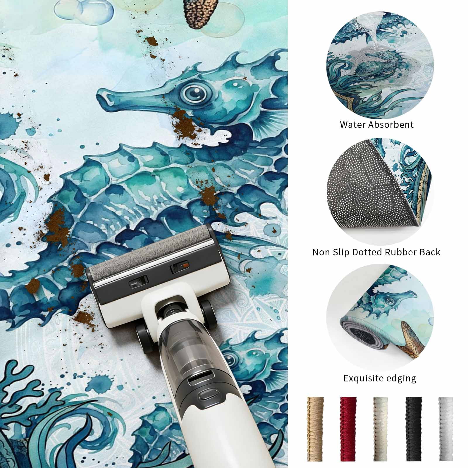 Small Round Rug 3Ft, Ocean Seahorses Non-Slip Washable Circle Rugs Carpet, Coastal Animals Seaweed Strafish Compass Blue Indoor Outdoor Rug Floor Mats Throw Runner for Bedroom Living Room Bathroom