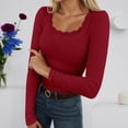 thumbnail image 2 of Likimi Womens T-Shirts With Lace Trim Square Neck Solid Color Long Sleeve T Shirts For Women Slim Fit Comfortable Tops Red Size L, 2 of 5