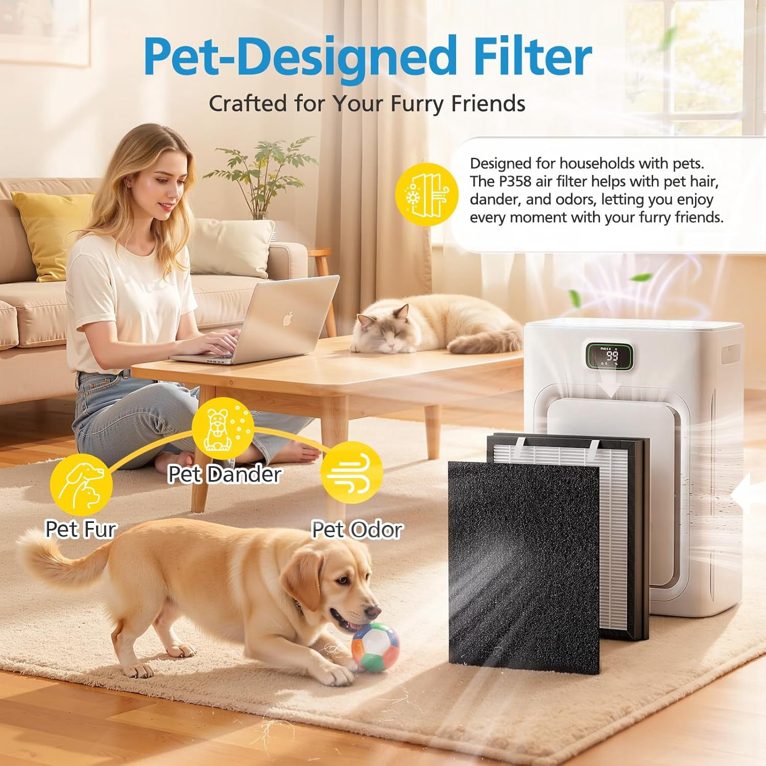 P358 Filter Compatible with HEAPETS P358 Pet Purifier, HEPA Filter for Pet Hair, Dander & Odor