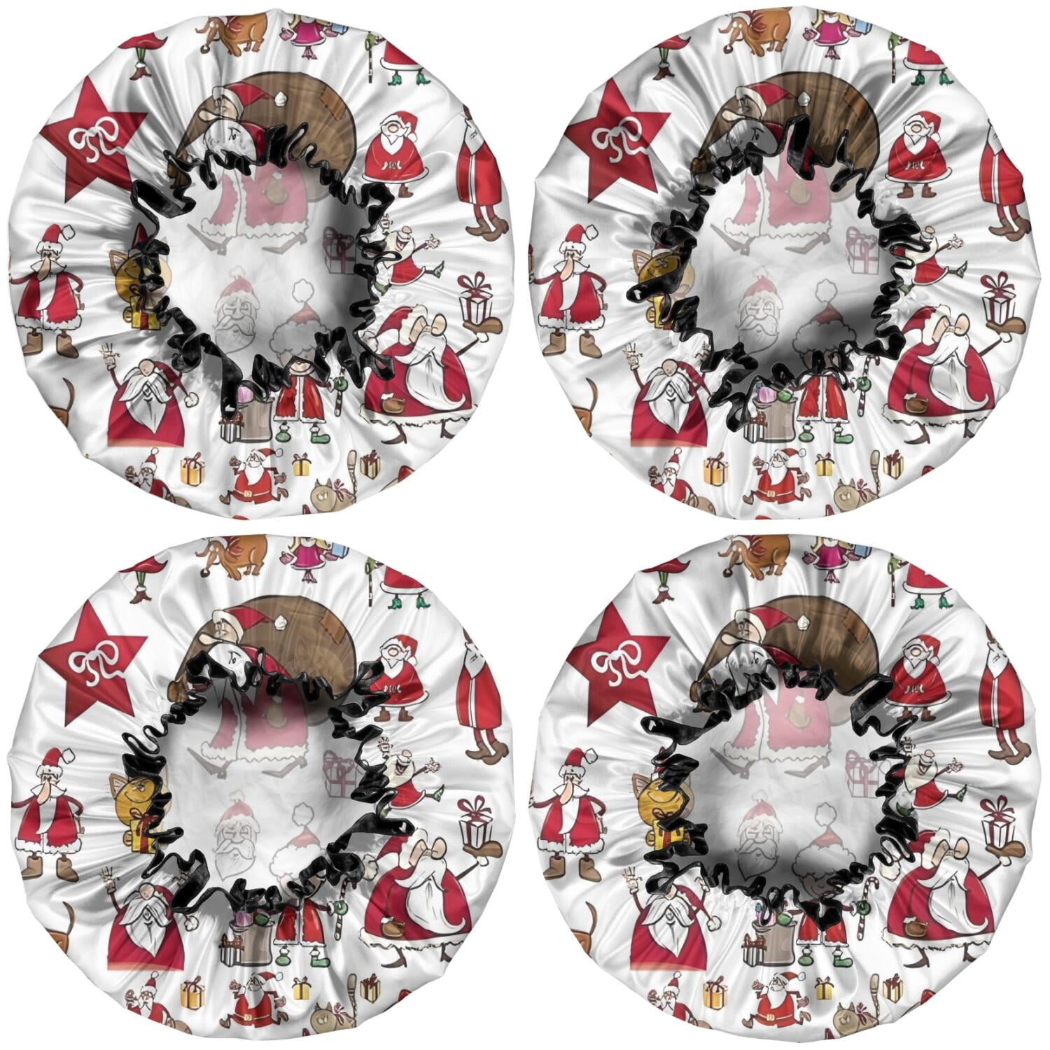 Shower Caps,White Christmas Santa and Character Pattern Waterproof Shower Cap for Women 4 Pieces,Double Reusable Hair Cover for Shower PEVA Elastic Stretch Hem