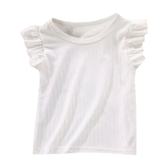 Hinvhai Chemises à Manches à Volants pour Filles en Liquidation Coton Mignon Hauts Col Rond T-Shirts d'Été Blanc 1 An