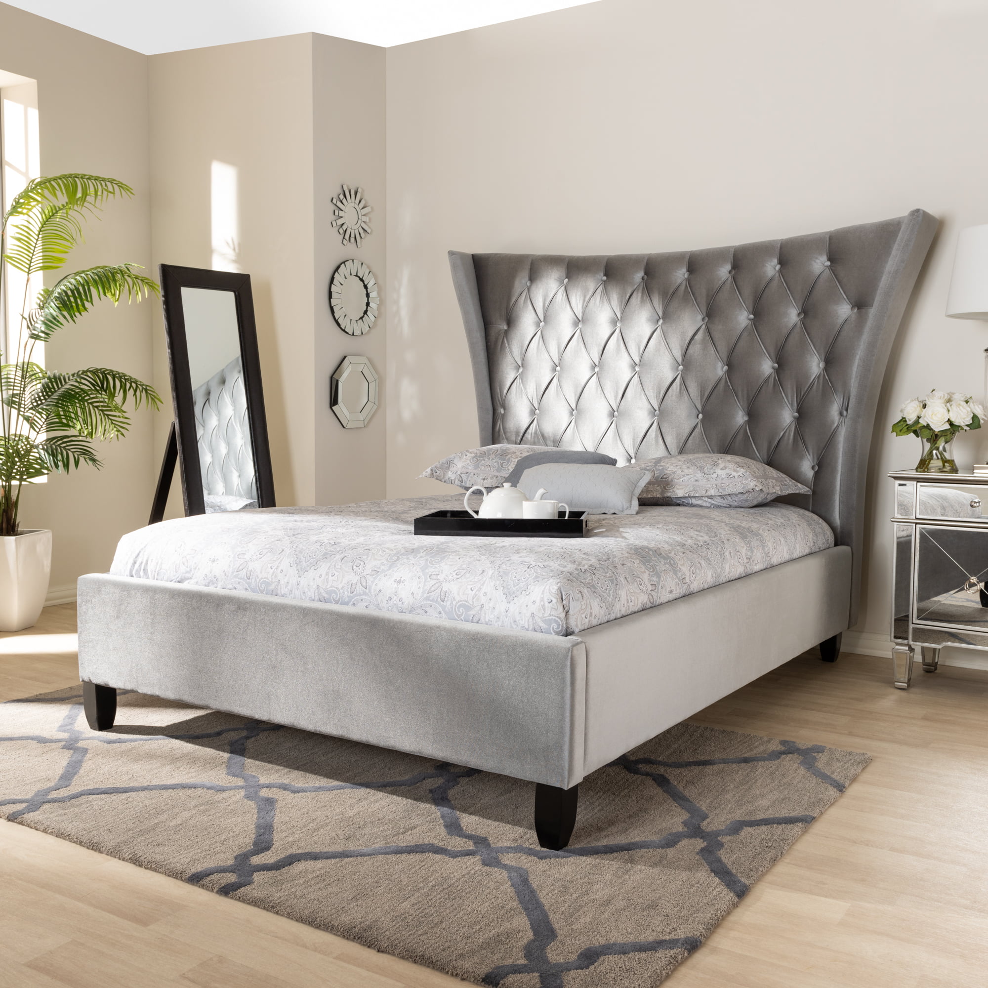Baxton Studio Viola Glam And Luxe Grey, Audrey Ii Upholstered Wingback King Headboard