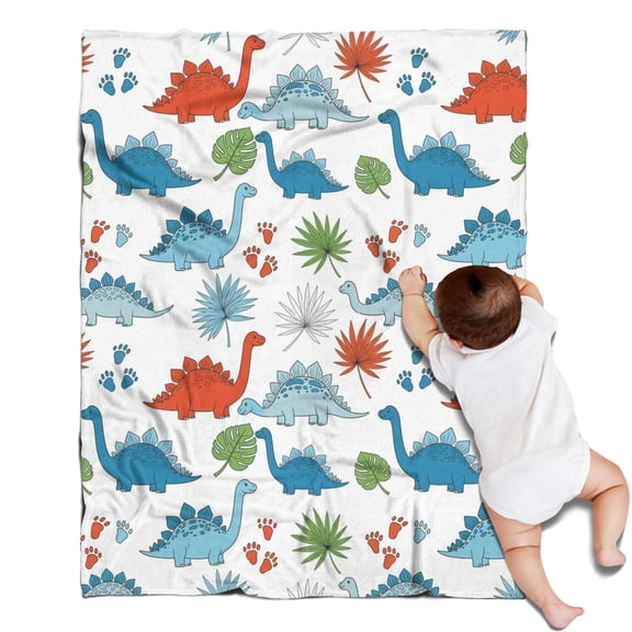 White Cartoon Dinosaurs Leaves Footprints Pattern Blanket,Comfortable Soft Flannel Throw Blanket,All Season,Warm Lightweight Blankets for Sofa Bed Couch Living Room Chair,30"x40"