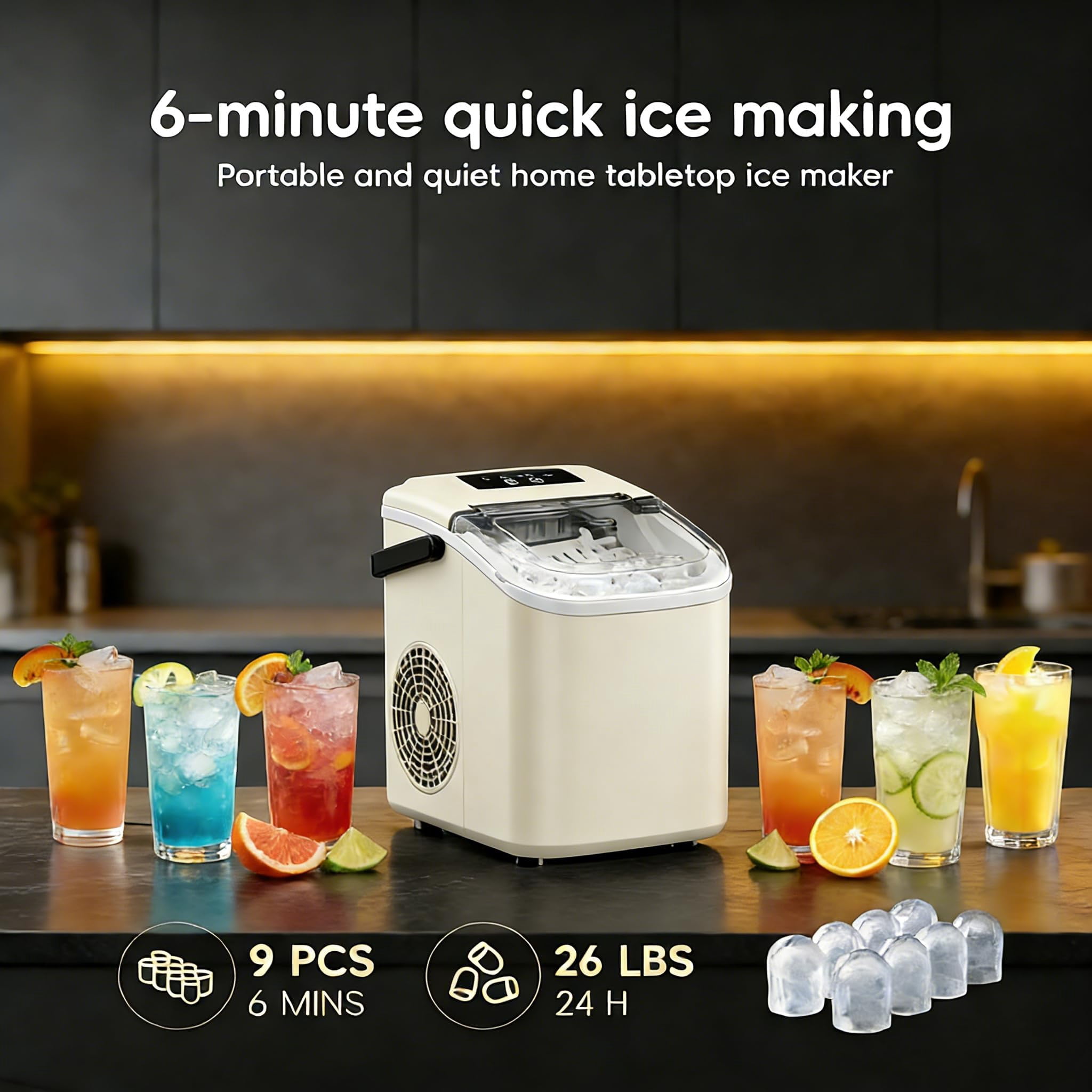 Countertop Ice Maker with Handle, Small Portable Self-Cleaning Ice Machine with Basket and Scoop， 26lbs/24H, 9 Ice Cubes in 6 Mins, for Home, Kitchen, Parties, Camping