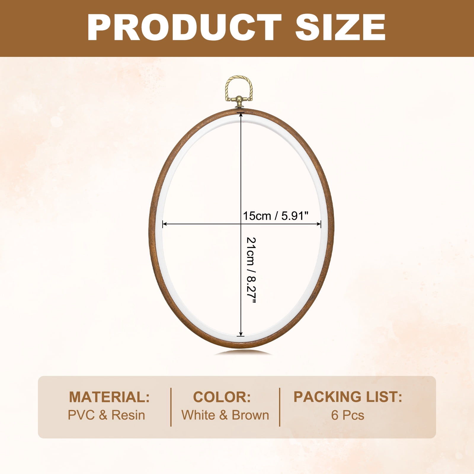 6 Pcs Embroidery Hoop Frame, Imitated Wood Oval Cross Stitch Hoops with Metal Ring for Embroidery DIY Craft Sewing Wall Decor (9.45 Inch White & Brown)