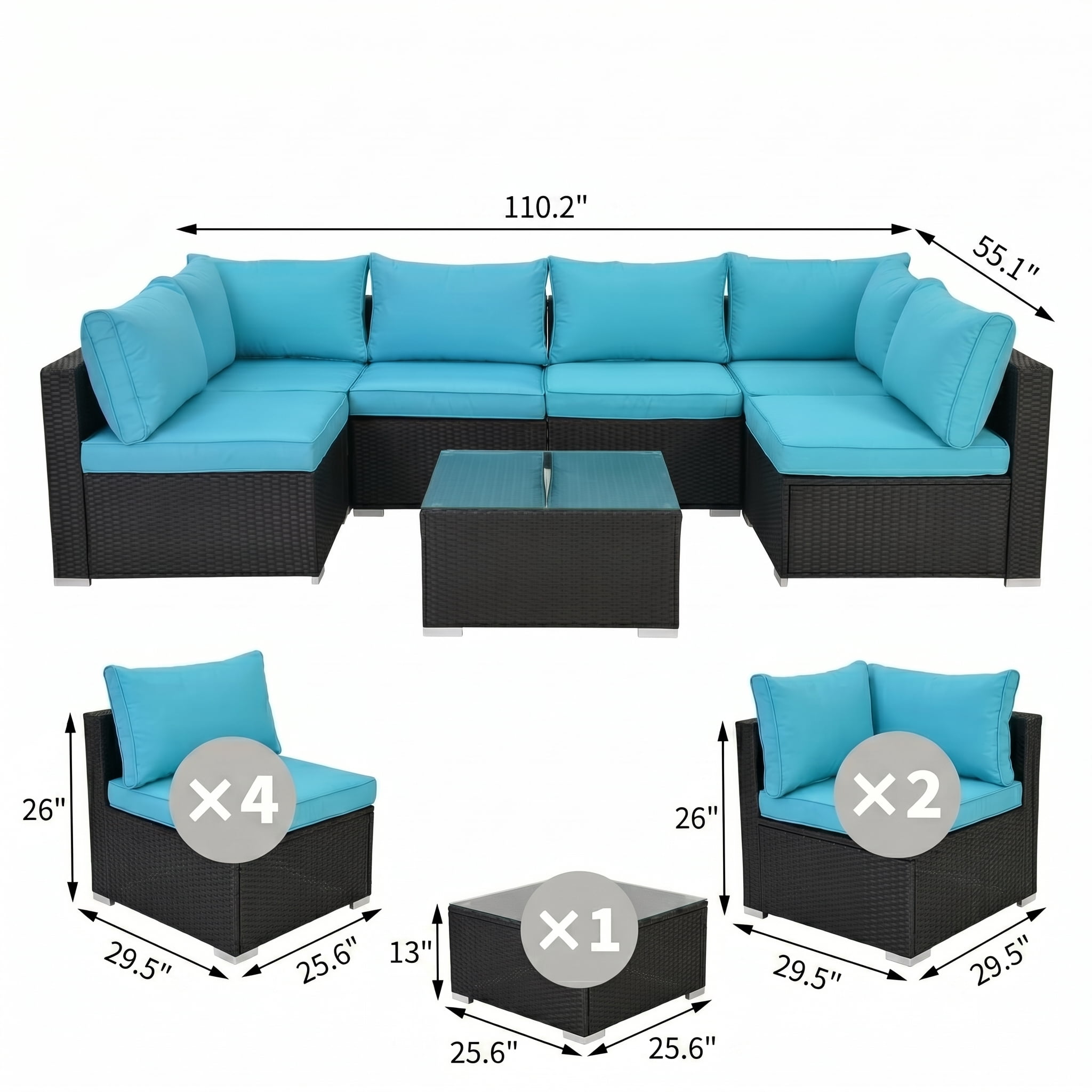 Howcool 7-Piece Modular Outdoor Patio Furniture Set with Cushions and Tempered Glass Table