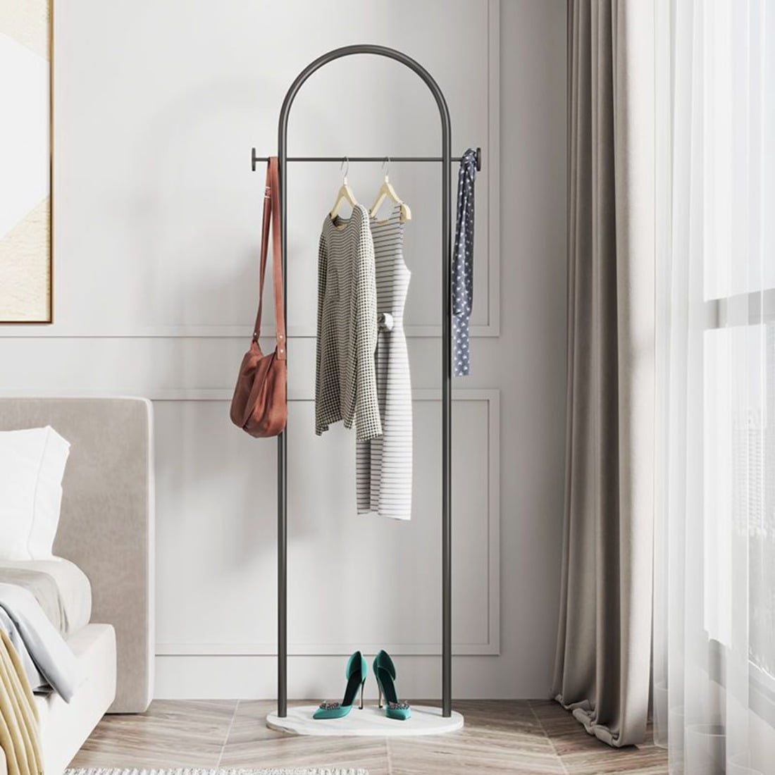 Heavy-Duty Metal Coat Rack with Storage Shelf, Foldable Coat Rack with Side Hooks & Cup Holder, Suitable for Entryway, Living Room, Office Use