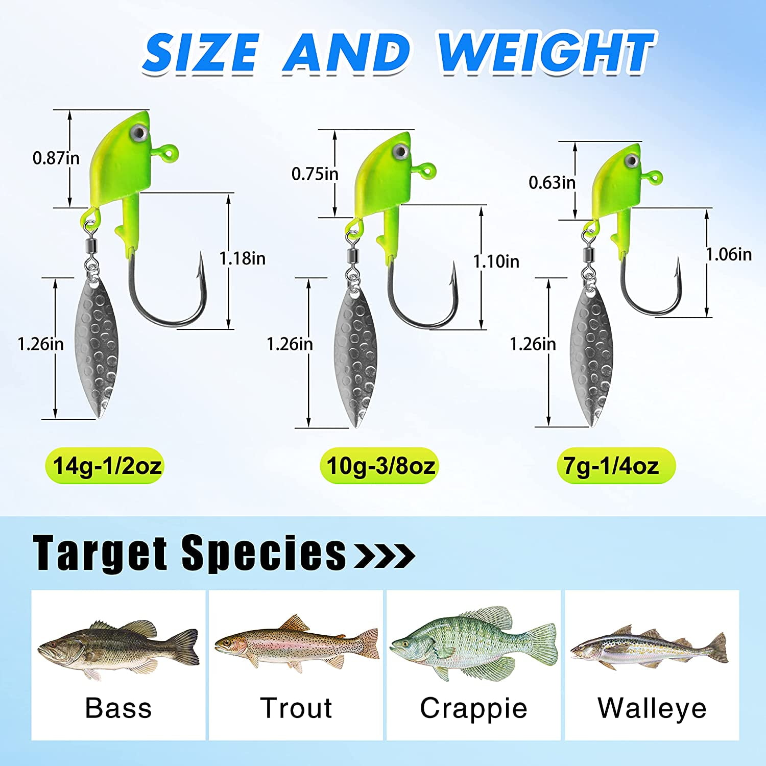 Fishing Jig Heads with Blade Underspin Jig Heads with Willow Blade 1/4oz 3/8oz  1/2oz Bladed Jig Head Swimbait Weighted Spin Head Jig for Bass Trout  Walleye Crappie 