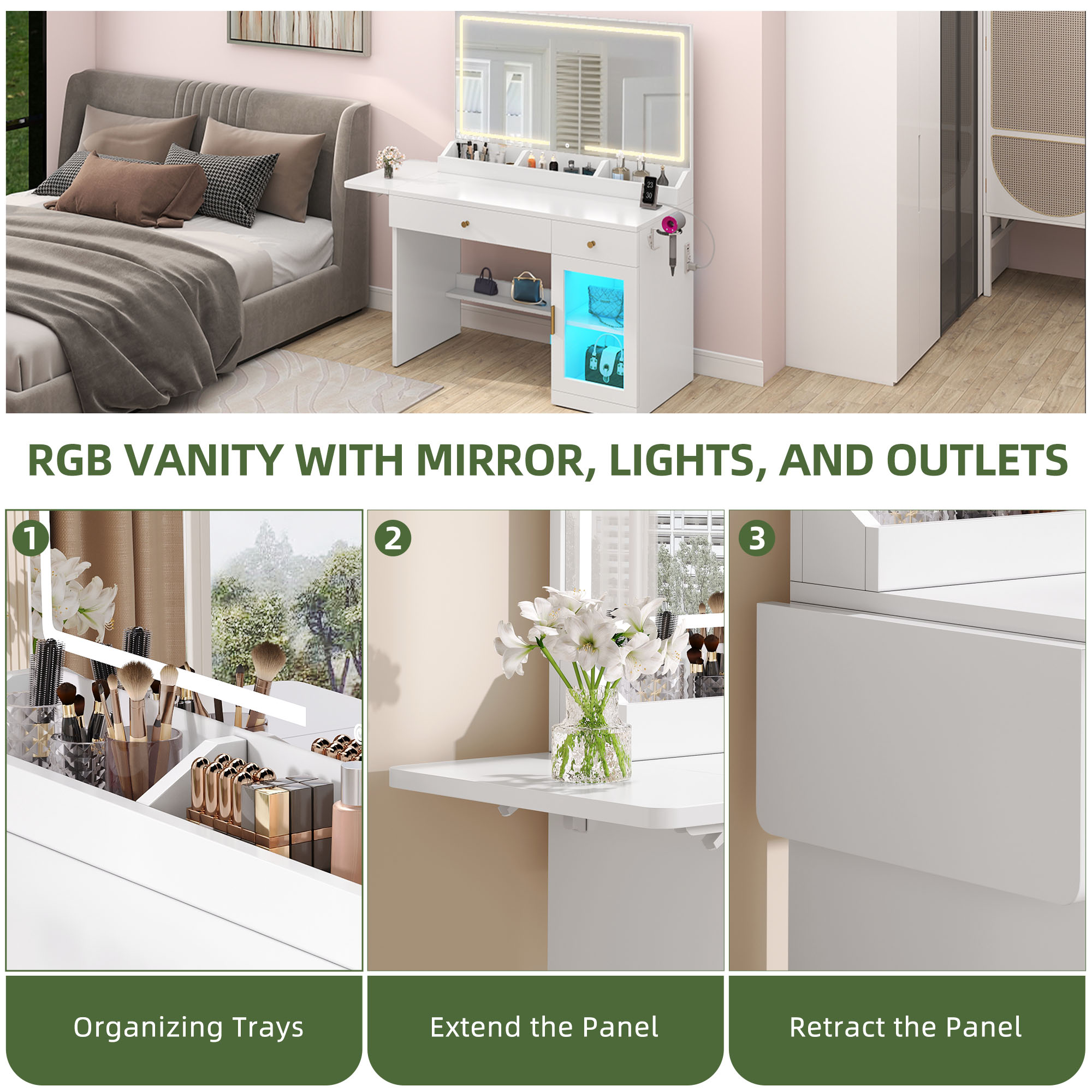 Uforic White Vanity Desk with LED Light Mirror & Power Outlet , Makeup Vanity with Extral Foldable Panel, Vanity Table with RGB Cabinet for Bedroom