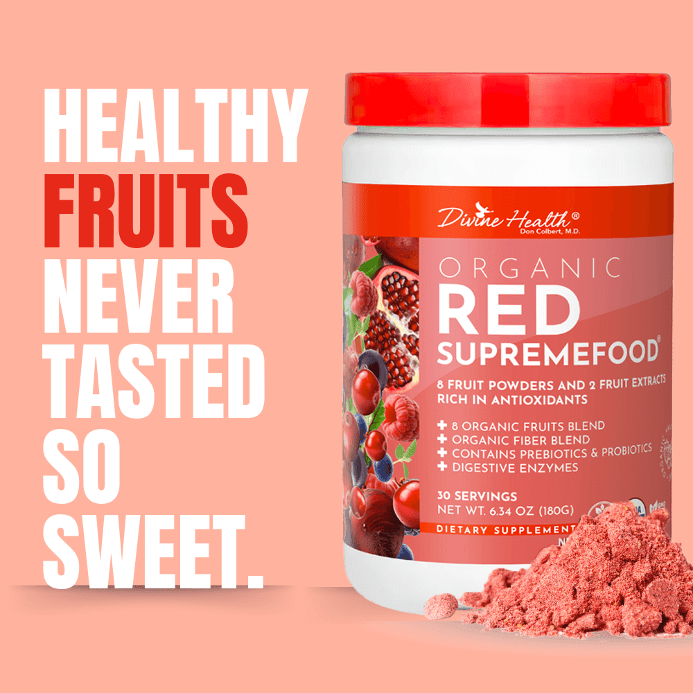 Dr. Colbert, MD Organic Red Supremefood | Berry Flavored Blend | by Divine Health | 10 Organic Fruits | Probiotics | Enzymes | Herbs | Fiber |  Antioxidants | Non-GMO | 30 Day Supply | 180g