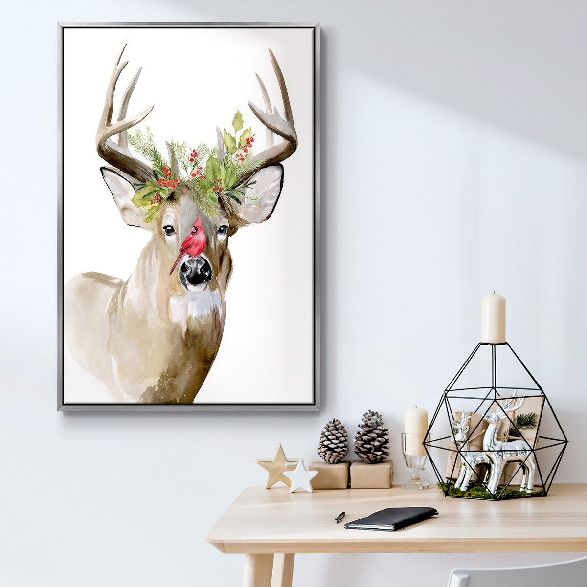 Holiday Deer II - Framed Gallery Wrapped Holiday Canvas - 17 x 25 - Silver Frame