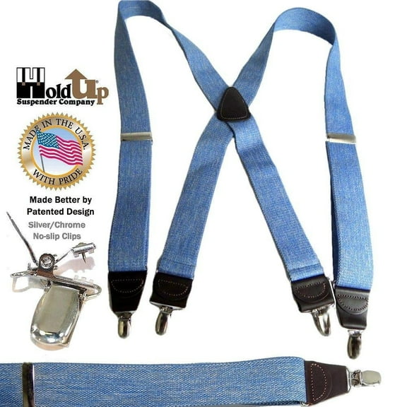 Holdup Brand Light Blue Denim color Suspenders with USA made 1 1/2" wide straps in X-back styles with Patented No-slip Silver Clips
