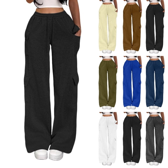 akafmk Womens Cargo Sweatpants Fall Wide Leg Sweatpants Elastic Waist Drawstring Winter Workout Hiking Stretch Casual Sweatpants, Size L