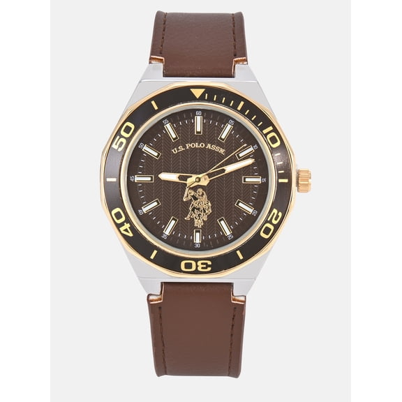 U.S. Polo ASSN. Men's Goldtone Round Analog Watch with Brown Sport Bezel, Brown Dial and Matching Brown PU Strap