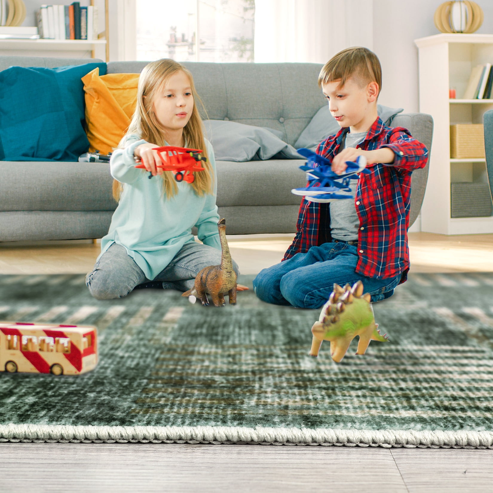 Garvee 9x12 Area Rug Modern Plaid Checkered Rug, Washable Rugs Soft Neutral Indoor Carpet Solid Rug Non Slip Low Pile Rug for Living Room Bedroom Dining Room Office, Green