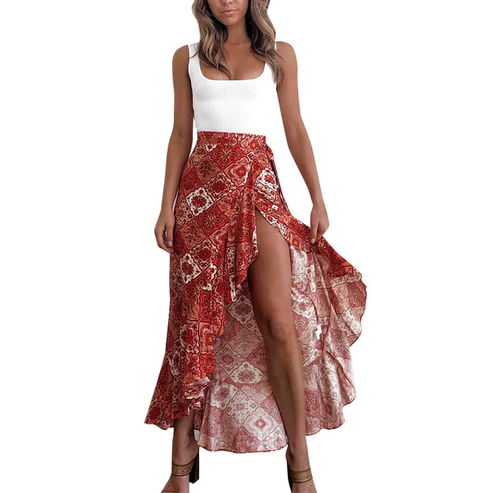 Boho Floral Printed Long Wrap Skirts ...