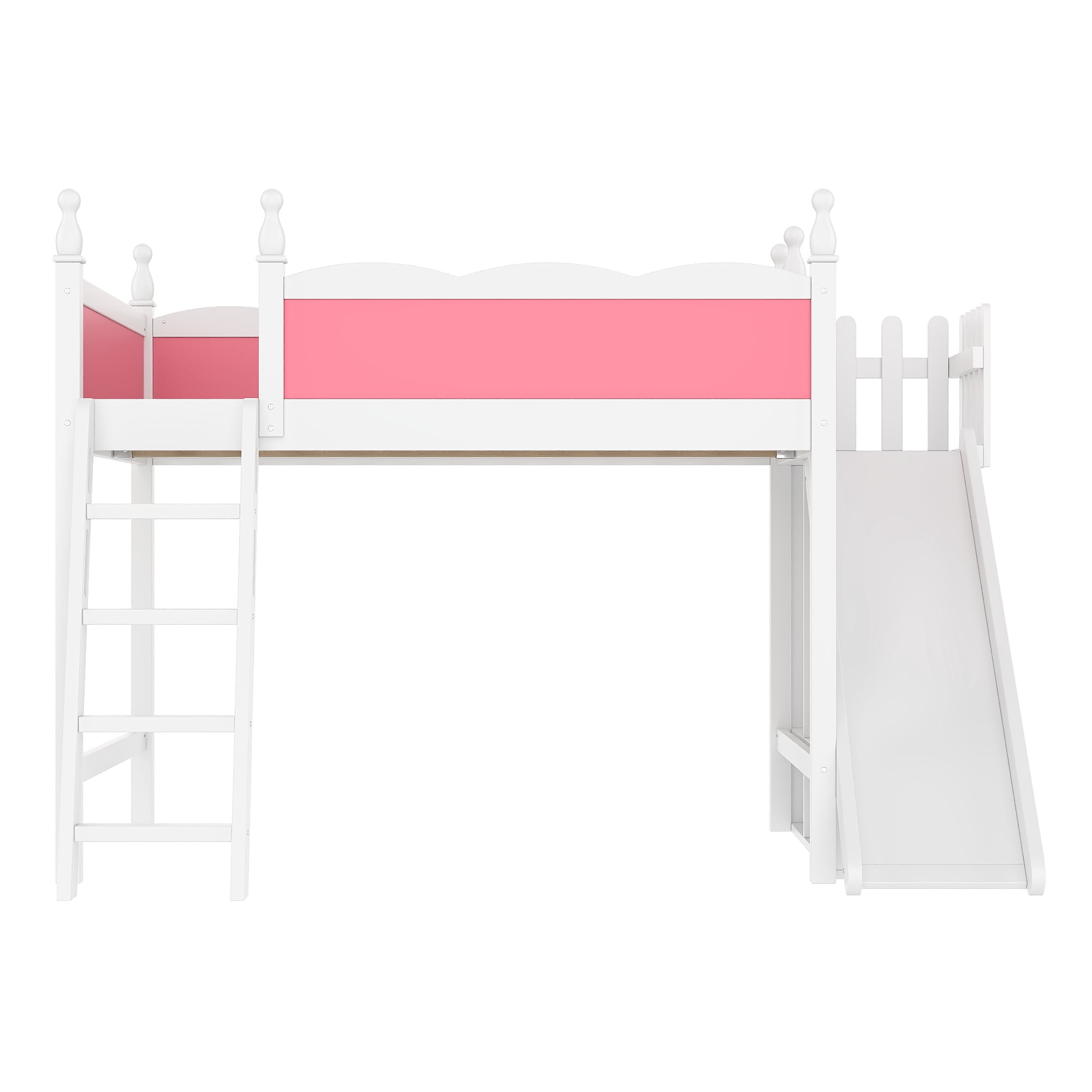 Leumius Full Loft Bed Frame with Storage Shelves and Wardrobe, Solid Wood Loft Bed with Detachable Slide and Ladders for Kids Teens Adults Pink and White