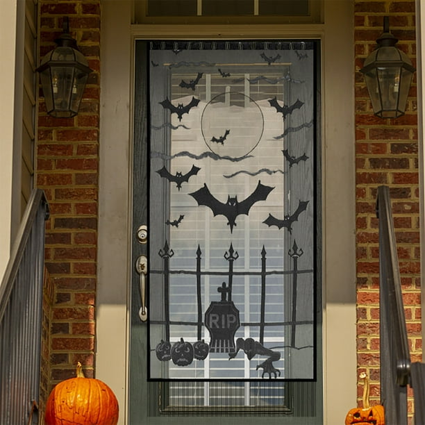 Cortina de Tela Negra de Halloween con Encaje Tejido Por Urdimbre y Calabaza para Puerta