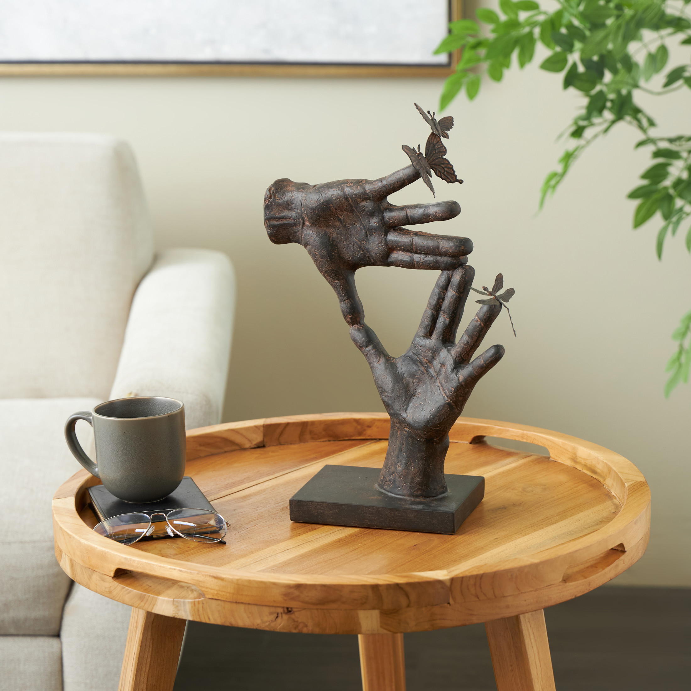 11" x 16" Dark Brown Polystone Sign Hands Sculpture with Butterrfly Accents, by DecMode