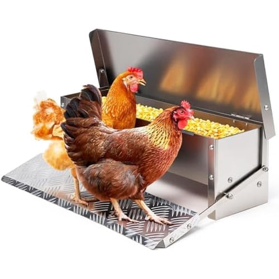 Chicken Feeder Rat Proof Automatic Treadle Feeder No Waste,Stainless Steel Outdoor Chicken Food Dispesner for Polutry and Duck Bantams Pheasants,with Weatherproof Lid$$Garden & Patio