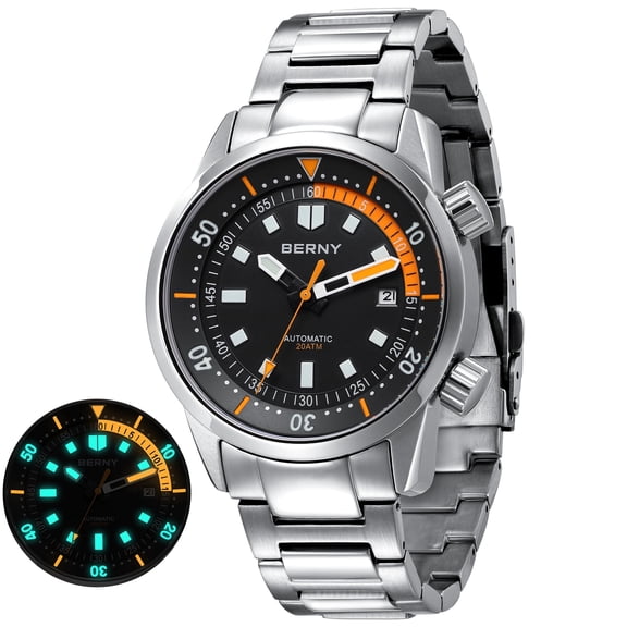 BERNY Men's Automatic Dive Watch, Sport 20ATM Waterproof Machanical Wrist Watch with Super Luminous, Stainless Steel Case & Band, Fashion Diving Watch for Men, Black