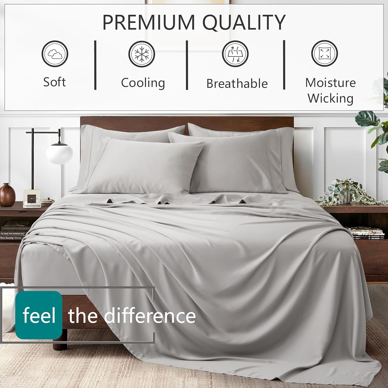 American Home Collection Bamboo Viscose Sheet Set - Silky Soft, Cooling for Hot Sleepers - 18 Inches Deep Pocket - Premium Sateen Finish - California King, Grey