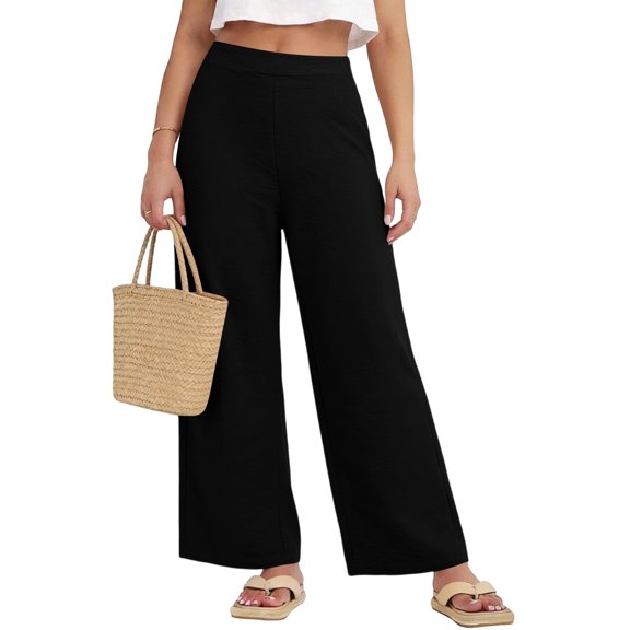 ClodeEU Women's High Waisted Linen Wide Leg Pants,Casual Elastic Waist Trousers with Pockets Black,Women's Plus L