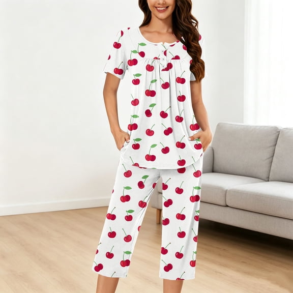 SOOMLON Pajama Sets for Women 2 Piece Crew Neck Short Sleeve Shirts Pleated Capris with Pocket Cherries Print Sleepwear