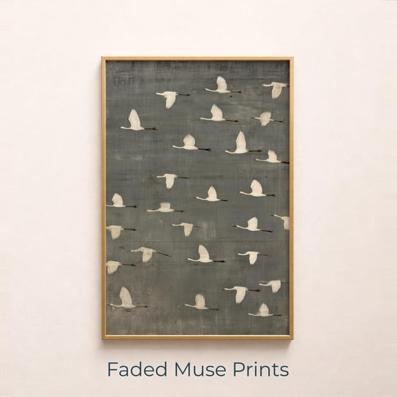 White Birds In Flight Wall Art Print, Vintage Farmhouse Decor